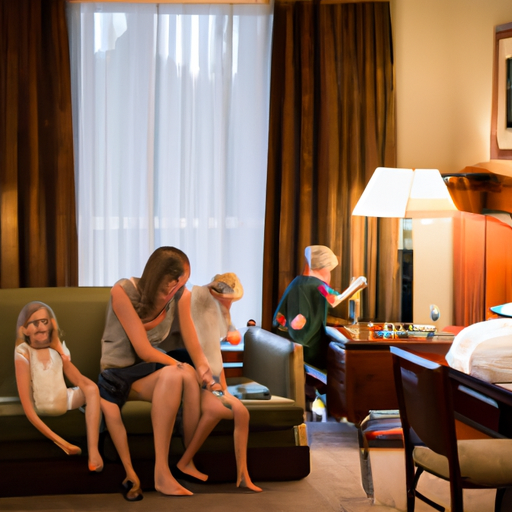 תמונה תוססת של משפחה שנהנית מהזמן שלה בסוויטה מרווחת של מלון, ילדים משחקים בזמן שההורים נרגעים.