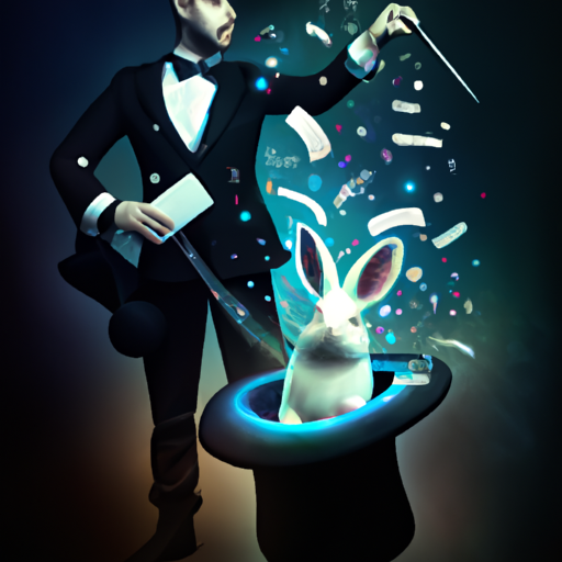 תמונה של קוסם שולף ארנב מתוך כובע עם תווים מוזיקליים מרחפים ברקע.