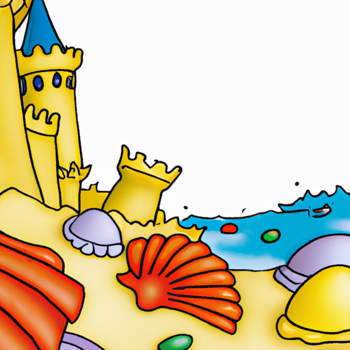 איור של דף צבעוני המציג סצנת חוף עם ארמונות חול וצדפים.